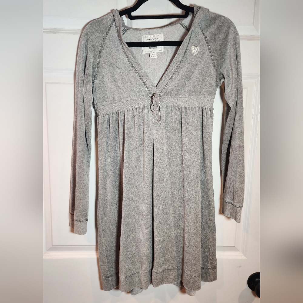 Gap Girl Y2K Gray Velour Hooded Belted Long Sleeve Sweater Dress XXL (14-16)